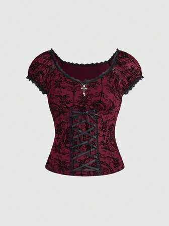 Fairycore Maglietta da donna vintage con fiocco floccato e bordo in pizzo