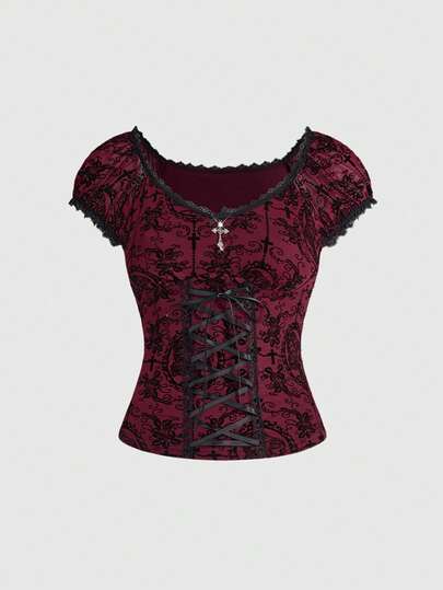 Fairycore Women's Vintage Flocked Bowknot Lace Trim T-Shirt