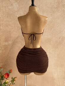 Soleia 女士性感复古图案网纱深V领串珠装饰紧身迷你连衣裙，适合节日派对、圣诞节、约会之夜、夜店、波西米亚风、度假、秋季等场合。 - 棕色 - 查看 2