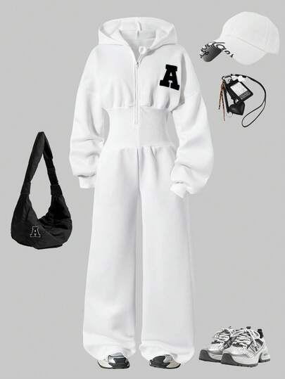 Sparklyn 1pc Girls Oversized Bright Pink Casual Hooded Zip-Up Sweatshirt & High Waist Fleece Jogger Pants Set, Suitable For Indoor/Outdoor, Sports, School, Street Wear, Spring/Autumn/Winter