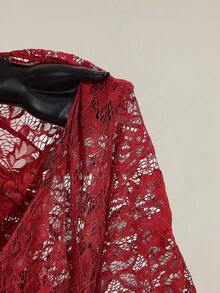 SHEIN ICON 女士露肩蕾丝长袖薄纱衬衫 - 酒紅色 - 查看 10