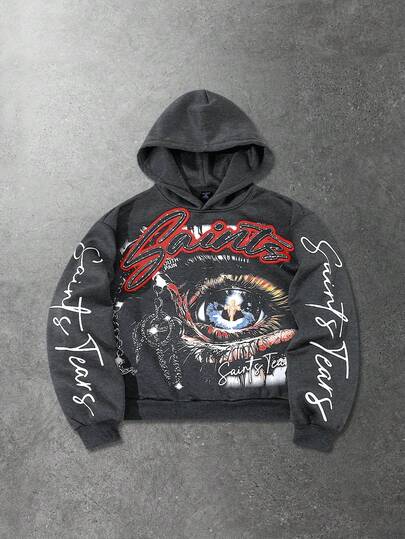 Street Life Sudadera con capucha para hombre, estilo casual de calle, sudadera corta con estampado gráfico popular de ojo americano, otoño/invierno