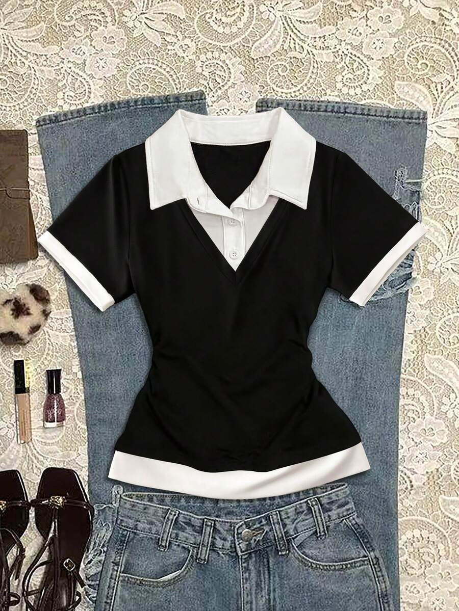INAWLY 女士休闲撞色短袖T恤 - 黑與白 - 查看 1