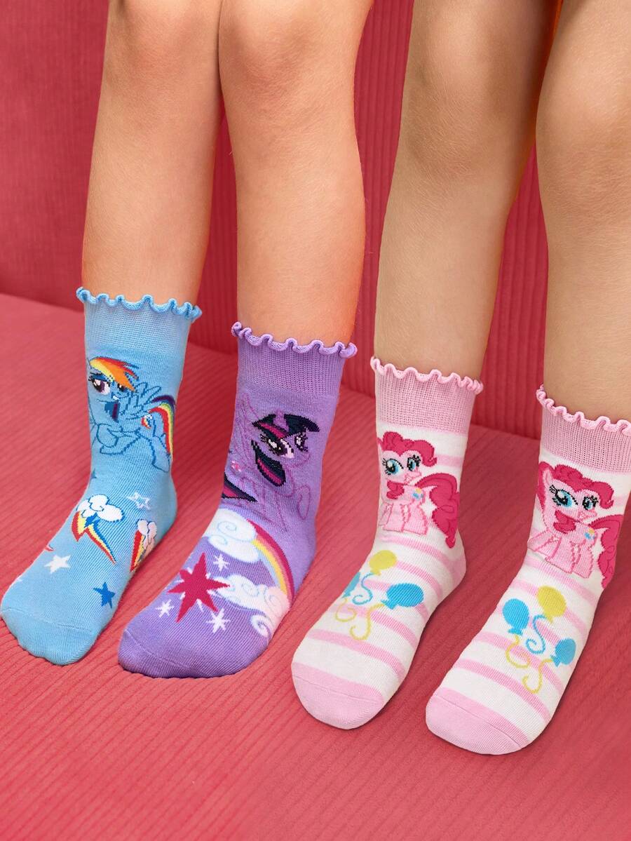 My Little Pony X SHEIN 3双装女童纯棉柔软透气吸湿儿童中筒袜,彩色条纹可爱卡通图案,加固趾部和后跟,经久耐穿,四季皆宜,适合学校和户外活动,夏季和冬季均可穿着。 - 彩色 - 查看 1