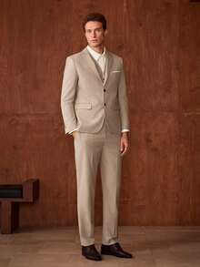 Officeau 男士修身商务休闲西装三件套，包括外套、裤子和马甲，适合男士婚礼新郎穿着，高品质专业通勤套装，春夏皆宜。 - 米色 - 查看 9
