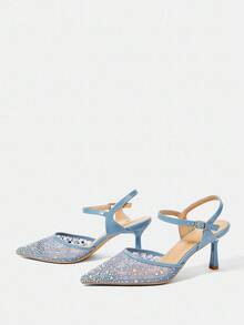 CUCCOO HITCHD Women's Pointed Toe High Heel Lace Rhinestone Elegant Party Evening Wedding Pumps Spring Shoes Spring Break Easter Prom Heels For Christmas - Baby Blue - View 9