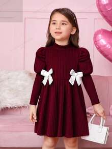 Robe pull à col roulé en tricot côtelé pour jeunes filles, manches gigot + nœud décoratif de couleur contrastée, robe minimaliste et convenant pour le printemps et l'automne - Rouge foncé - Voir 6