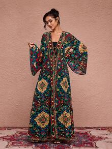 JIAN LASALA All-Over Print Chiffon Boho Women Kimono Beachwear Holiday Vacation Wear Kimono Dress Caftan Dress Kaftans For Women Boho Dress Beach Wedding Guest