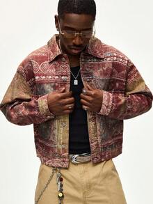 ROMWE MEN Street Life 男士休闲腰果印花长袖单排扣牛仔夹克，带口袋 - 藍色 - 查看 3