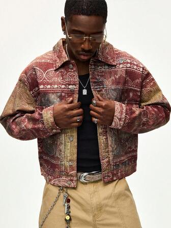 Street Life Men's Casual Cashew Print Long Sleeve Single-Breasted Denim Jacket With Pockets