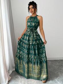 Breezaya 女士优雅挂脖长裙，金属几何印花 - 墨綠色 - 查看 5