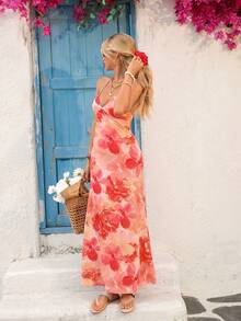 Vivid Eden Váy len dệt kim hở lưng cổ chữ V họa tiết hoa lãng mạn dành cho nữ, mùa xuân/hè - Nhiều màu - Xem 4