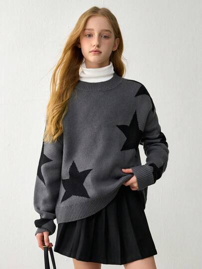 少女时尚酷炫五角星毛衣，宽松舒适圆领长袖针织上衣，灰色和黑色
