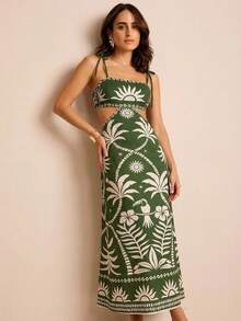 CAJUNI x Carol Peixinho Vestido casual vintage sin mangas con tirantes de encaje y cordones con diseño hueco - Verde - Ver 8