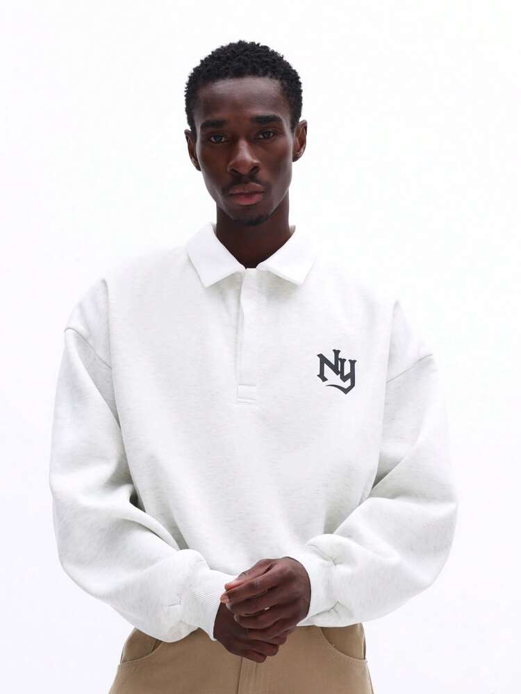 SUMWON Collared Polo Shirt With NY Logo Chest Print Regular Fit Long Sleeve Casual Streetwear Top For Everyday Wear And Weekend Style Plain
