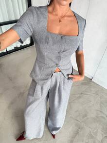 Lavishia Women's Elegant Square Neck Design Gray Pant Suit,Summer Holiday Outfits Office Wide Leg Pants Set,Casual Two Piece Set Clothes - Grey - View 6