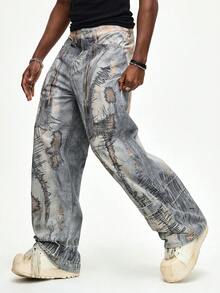 ROMWE MEN Men's Casual Embroidered Denim Jeans - Khaki - View 1