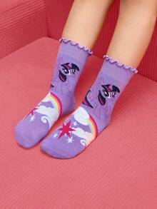 My Little Pony X SHEIN 3双装女童纯棉柔软透气吸湿儿童中筒袜，彩色条纹可爱卡通图案，加固趾部和后跟，经久耐穿，四季皆宜，适合学校和户外活动，夏季和冬季均可穿着。 - 彩色 - 查看 4