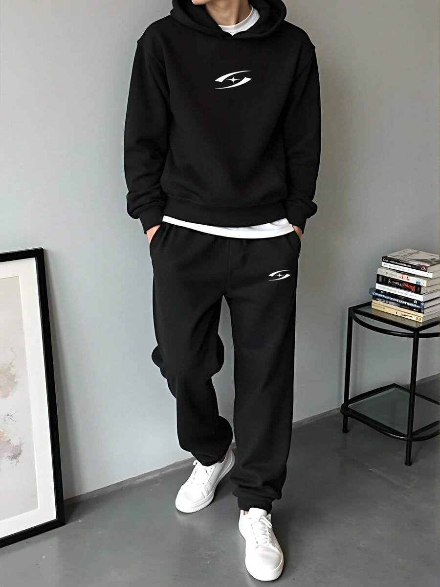 Manfinity Homme 螺旋星先锋邮票标志印花男士标准尺码黑色针织连帽衫和运动裤套装,情侣装,送给男友的理想礼物 - 黑色 - 查看 1