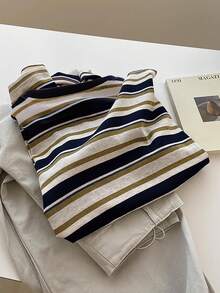 INAWLY 女士条纹圆领休闲宽松衬衫 - 橄欖綠 - 查看 2