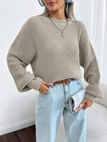 EURMUSE Women Solid Color Round Neck Drop Shoulder Chunky Pullover - Beige - View 5