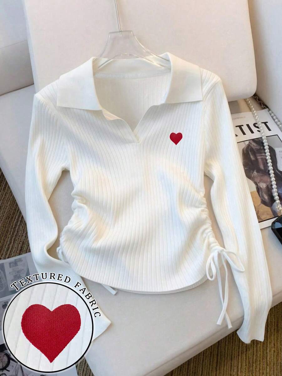 Resyla Women's Casual Heart Pattern Side Drawstring Long Sleeve Top, Autumn - White - View 1