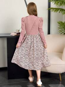 Tween Girl Floral Patchwork Bow Decor Dress Fall Winter