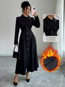 Modelyn 女士优雅长袖A字连衣裙，纽扣袖口和腰部收褶设计，黑色，秋季款 - 黑色 - 查看 5