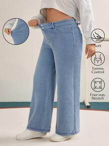 SHEIN Unity Celana Jeans Wanita Ukuran Besar Kasual untuk Liburan, Warna Biru Muda, Bahan Rajut Lembut, Tidak Melar, Potongan Lurus - Light Wash - View 1