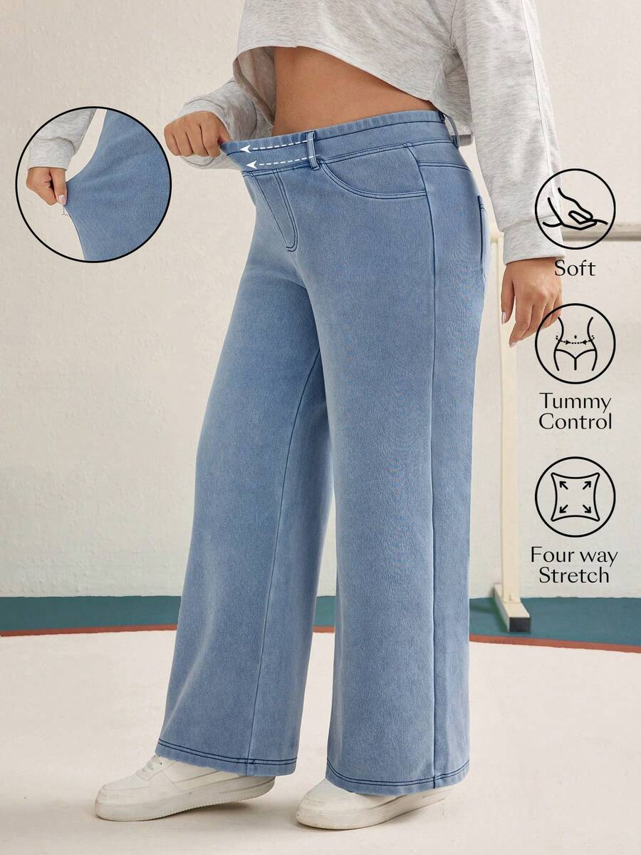 SHEIN Unity Celana Jeans Wanita Ukuran Besar Kasual untuk Liburan, Warna Biru Muda, Bahan Rajut Lembut, Tidak Melar, Potongan Lurus - Light Wash - View 1
