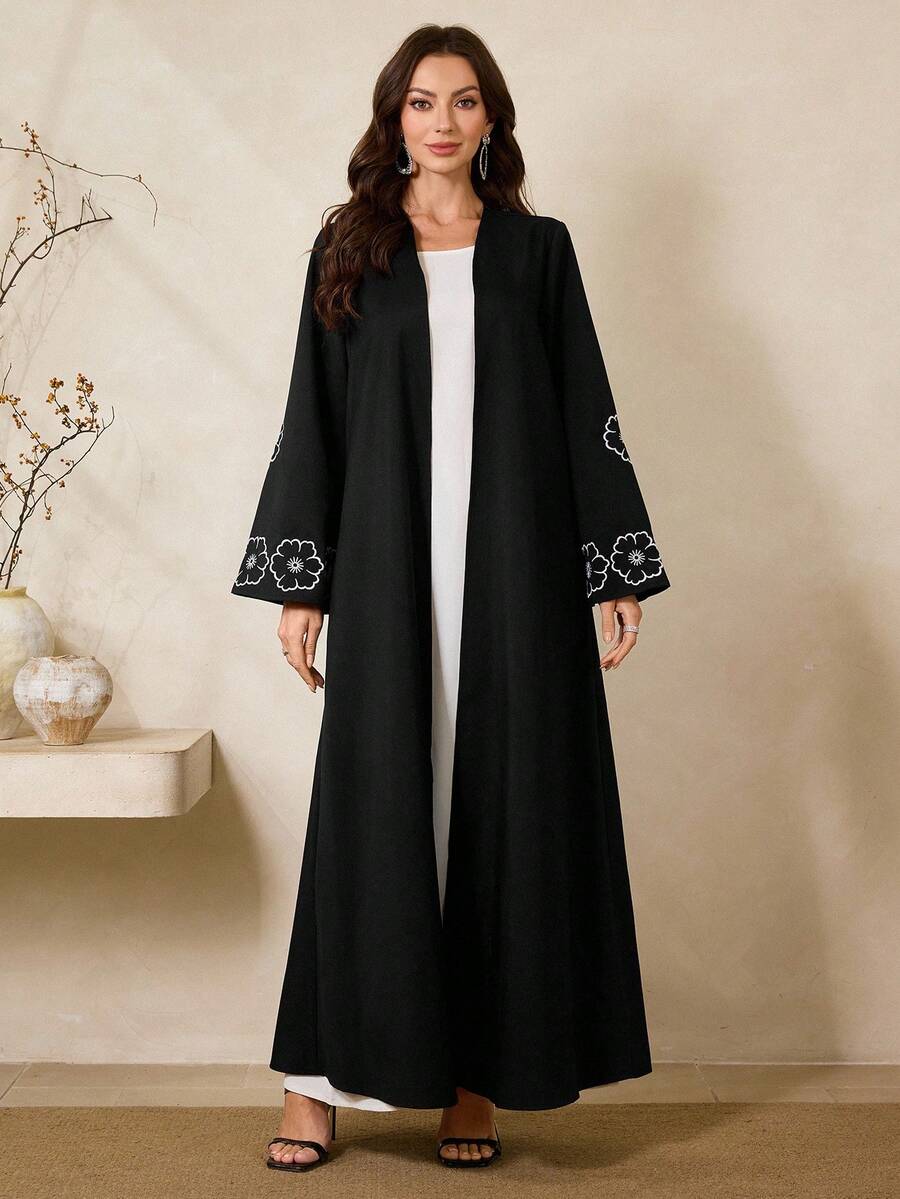 Al Najma Women's Floral Embroidery Flare Sleeve Loose Arabic Abaya Robe