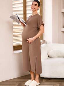 SHEIN Pregnant Women's Solid Color Round Neck Ribbed Split Design Simple Comfortable Short Sleeve Dress,Maternity Clothes - Brown - View 5