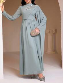 Veilorie 女士优雅亮片串珠花卉刺绣网纱拼接不对称袖收腰阿拉伯风格连衣裙 - 薄荷綠 - 查看 4