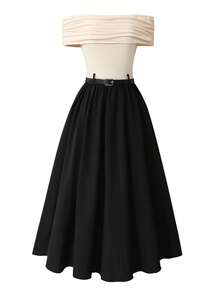 فستان أنيق بياقة منحرفة الكتف مع كتل لون للمراهقات