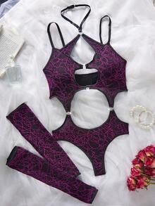 SHEIN Music Festival Women's Hollow Design Halter Sexy Lingerie Set - Purple - View 1