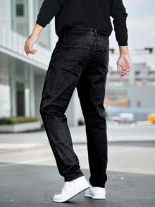 Manfinity Homme Plus Size Men's Simple And Fashionable Denim Long Black Pants, Suitable For Summer - Black - View 2
