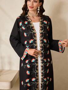 Al Najma Women's Floral Print Long Sleeve Loose Long Arabic Abaya Robe - Black - View 5