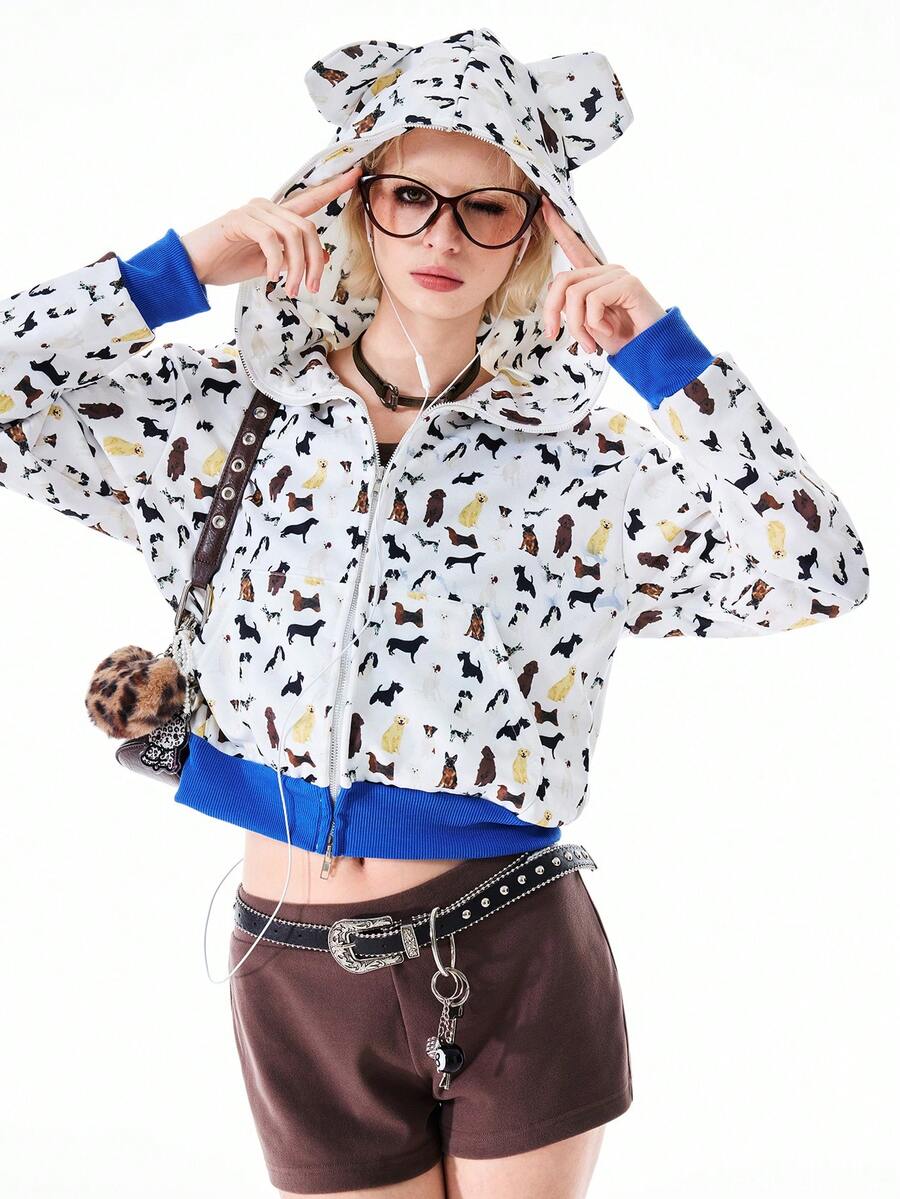 Bloopia Dog Print Hooded Long Sleeve Jacket For Women - Multicolor - View 1