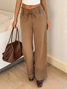 Flirla Pantalon large à taille basse rayé marron pour femmes avec ceinture, nœud papillon et œillets décoratifs. Élégant pour un usage casual et les déplacements quotidiens en automne/hiver - Tabac - Voir 8