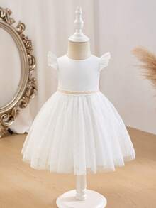 SHEIN Váy tay lửng cổ tròn màu trắng tối giản sang trọng cho bé gái, mềm mại và thoải mái khi mặc ngoài trời và trong nhà, mùa hè - trắng - Xem 6