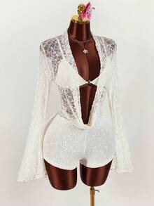 Amplova 女士深V领喇叭袖性感连体衣套装（含文胸） - 杏色 - 查看 5