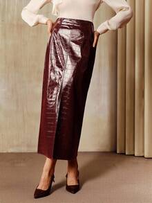 Anewsta Chân váy suông xẻ tà thanh lịch dành cho nữ, thích hợp cho mùa thu, đông, xuân, năm mới, tiệc tùng, đám cưới, công sở, lễ tạ ơn, tốt nghiệp, giáng sinh, lễ hội - Màu Đỏ Sâu - Xem 7