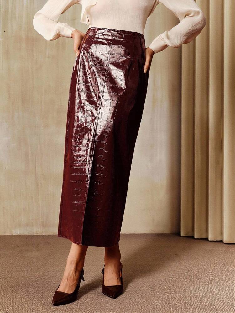 Elegant Chic Slit Hem Straight Skirt For Women, Suitable For Fall, Winter, Spring, New Year, Party, Wedding, Work, Thanksgiving, Graduation, Christmas, Festival