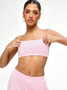 BABYPHAT Logo Crop Bandeau Top With Rhinestone Text Detail Strapless Summer Casual Loungewear Tube Top - Baby Pink - View 4