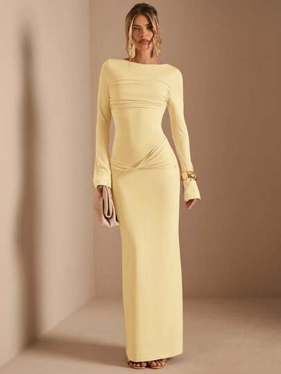 SHEIN BAE Apricot Long Sleeve Knitted Ruched Waist Twist Hem Straight Dress, Elegant Dress, Date Dress, Bridesmaid Dress, Birthday Party Dress, Apricot Color Dress, Autumn/Winter Layering Dress