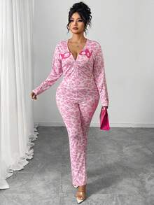 INAWLY Conjunto de top de manga larga y pantalones pitillo de estampado de leopardo para mujer de talla grande - Rosa Pálido - Ver 3