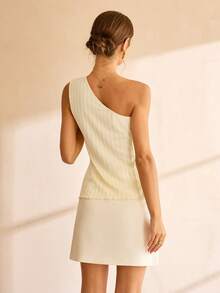 Lymera新款女士时尚百搭简约优雅纹理罗纹面料不对称下摆露背吊带背心，柔和浅黄色 - 黃色 - 查看 3