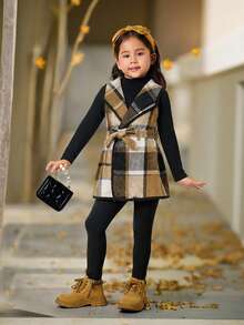 Emery Rose Kids Emery Rose Kids Bộ 3 áo khoác kẻ caro thời trang đô thị cho bé gái, áo phông dài tay, quần dài, thích hợp cho các buổi đi chơi thường ngày, tụ tập, tiệc tùng, kỳ nghỉ, mùa thu/đông - Màu Khaki - Xem 5