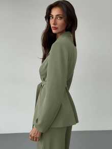 Aloruh 女士简约纯色翻领系带西装外套搭配阔腿裤套装，适合工作和通勤，春秋季穿着。 - 薄荷藍 - 查看 8