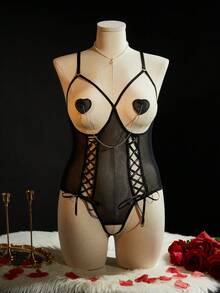 SpicyHot 3pcs/Set Sexy Backless Lingerie Set (Wireless, Nipple Covers) - Black - View 1